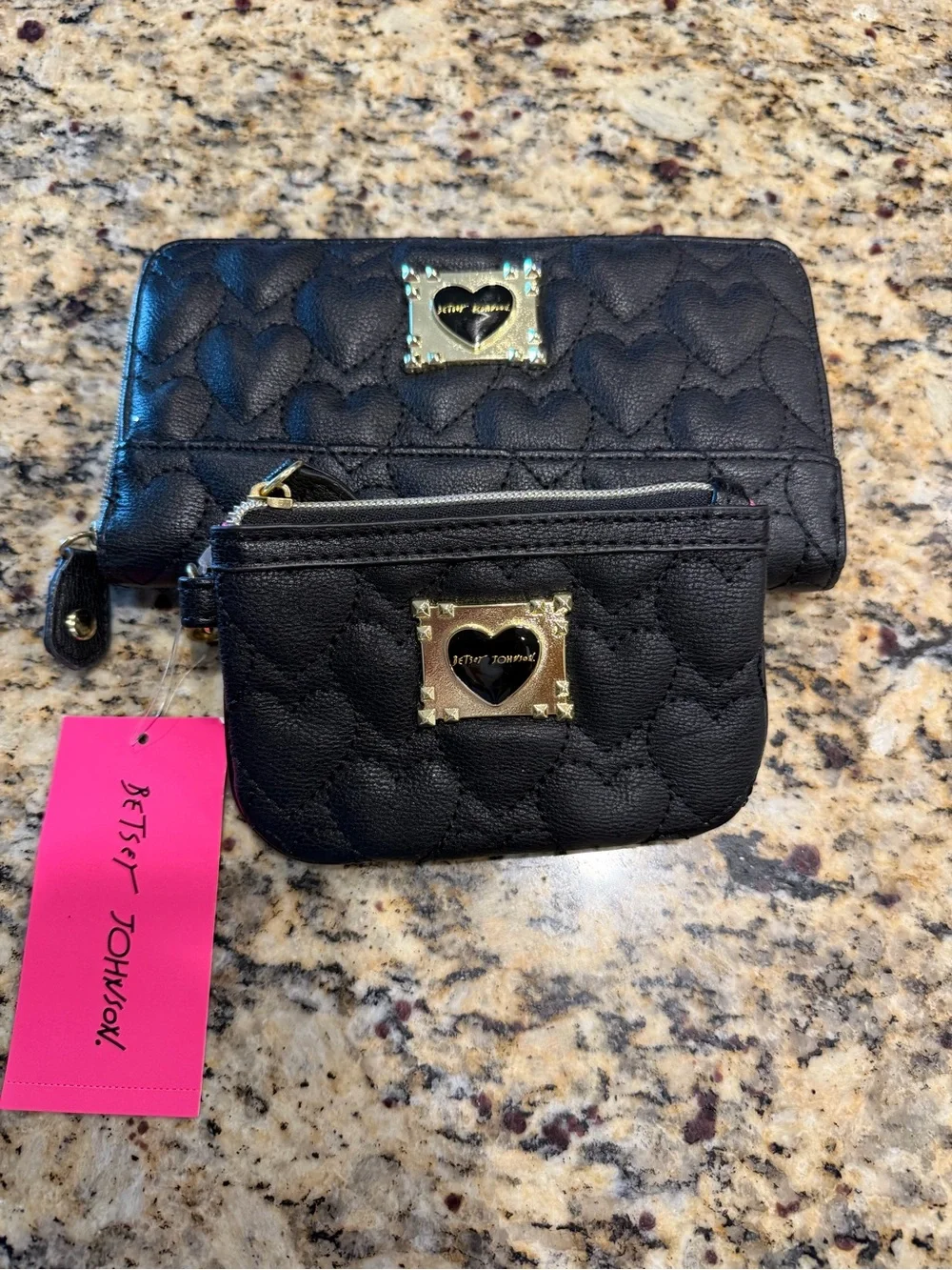 Betsey Johnson Black Quilted Heart Wallet and Coin Pouch Set